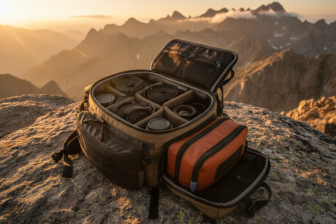 An open professional camera bag with organized gear on a mountain cliff during golden hour.