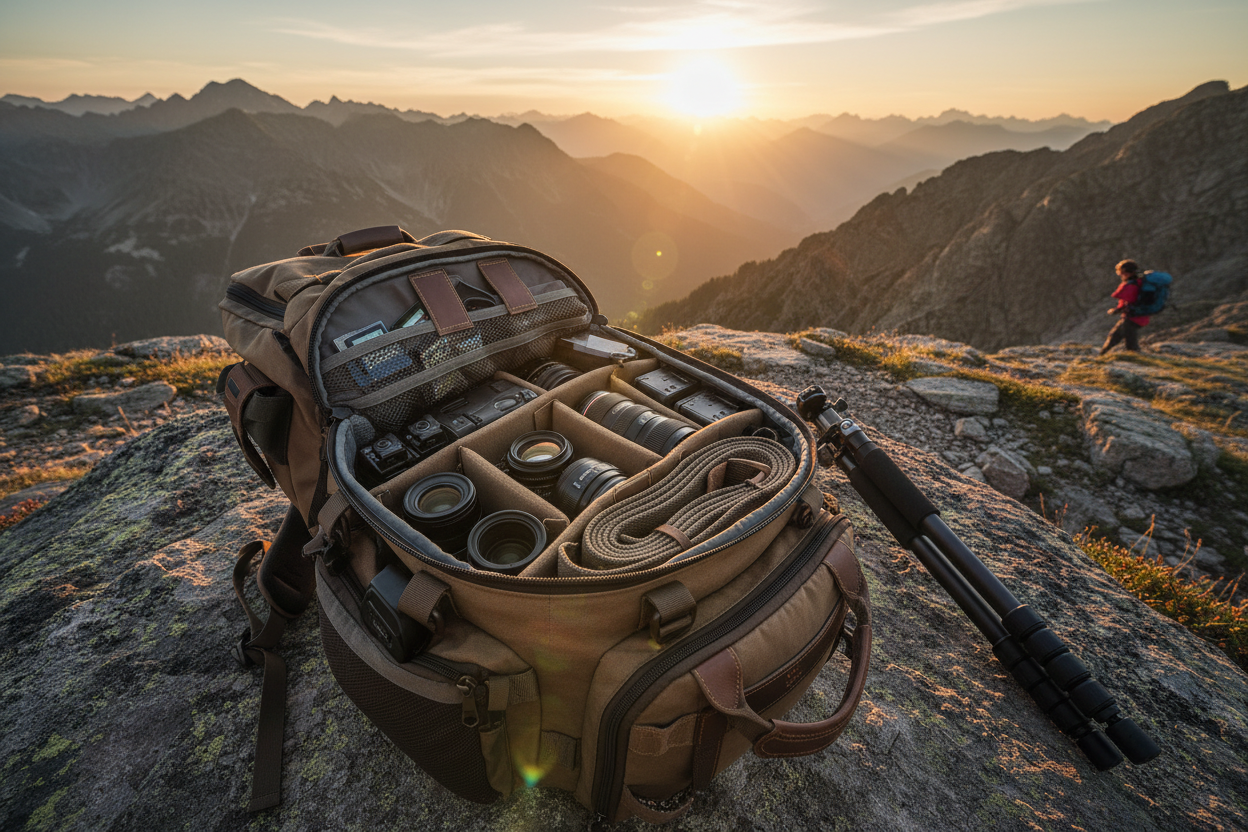 A professional camera bag set up for travel photography with camera straps and lens cap, by Trail-Mate.
