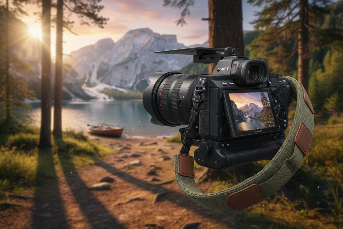 A professional camera kit featuring camera straps, camera bag, and cleaning tools, by Trail-Mate.