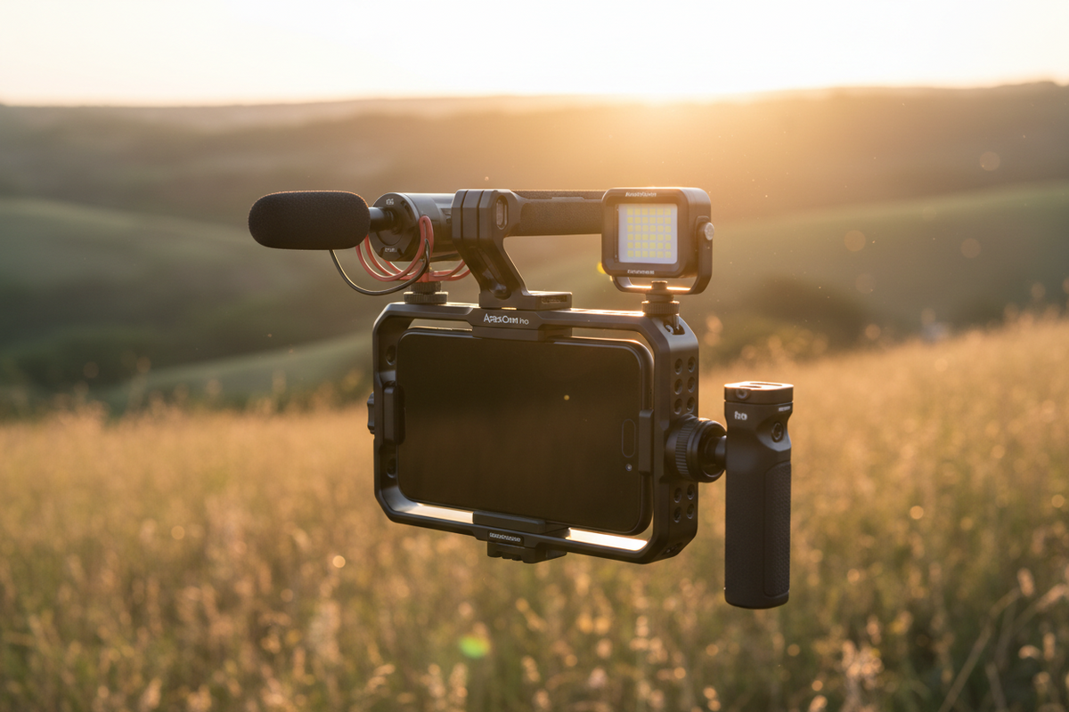 A professional mobile filmmaking kit featuring smartphone cages, camera straps, and cleaning tools, by Trail-Mate.