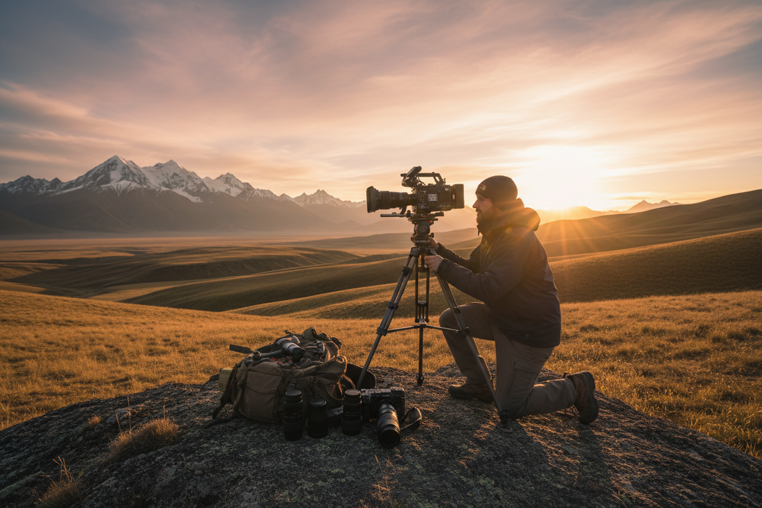 A professional travel filmmaking setup featuring tripods, smartphone rigs, and camera straps, by Trail-Mate.