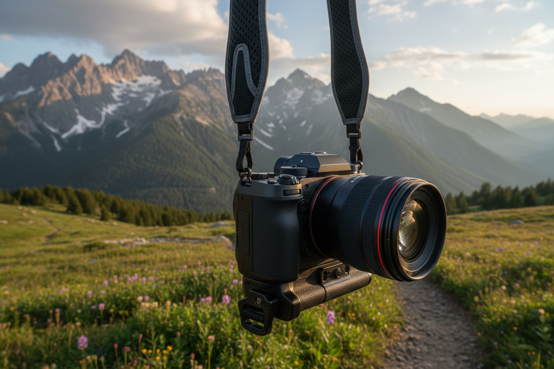 A professional outdoor photography setup featuring camera straps, camera bag, and cleaning tools, by Trail-Mate.
