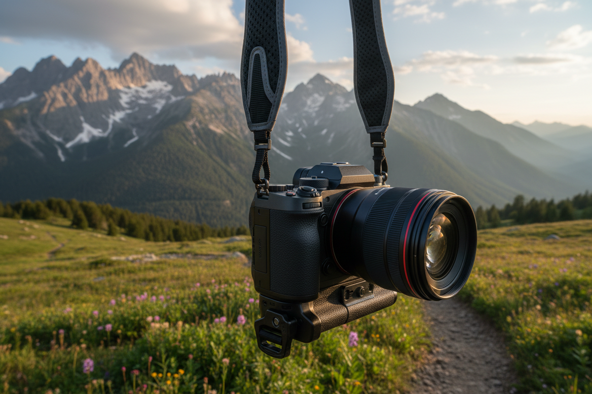 A professional outdoor photography setup featuring camera straps, camera bag, and cleaning tools, by Trail-Mate.