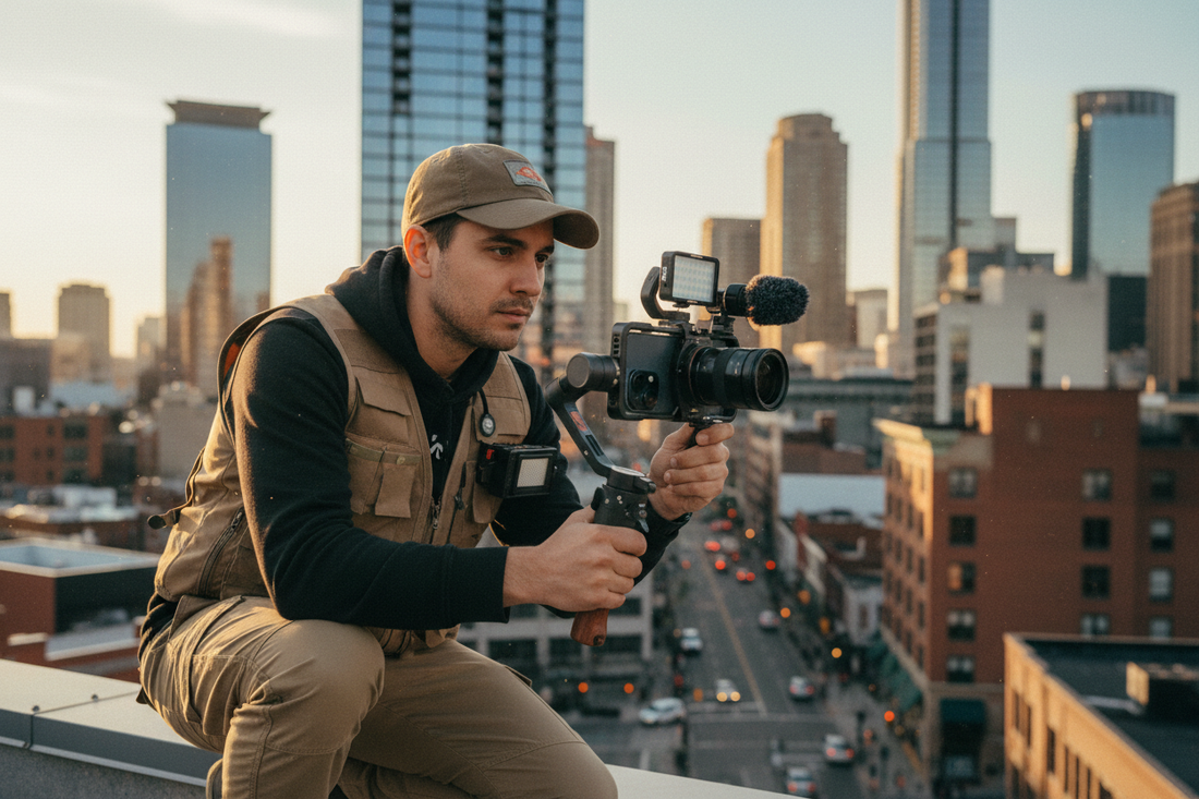 A professional mobile content creation setup featuring magnetic phone holder, smartphone cages, and camera lens, by Trail-Mate.