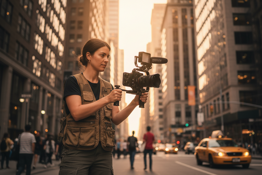 A professional mobile content creation setup featuring smartphone cages, smartphone rigs, and camera lens, by Trail-Mate.