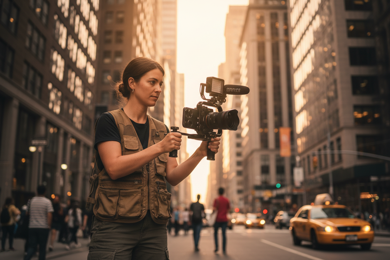 A professional mobile content creation setup featuring smartphone cages, smartphone rigs, and camera lens, by Trail-Mate.