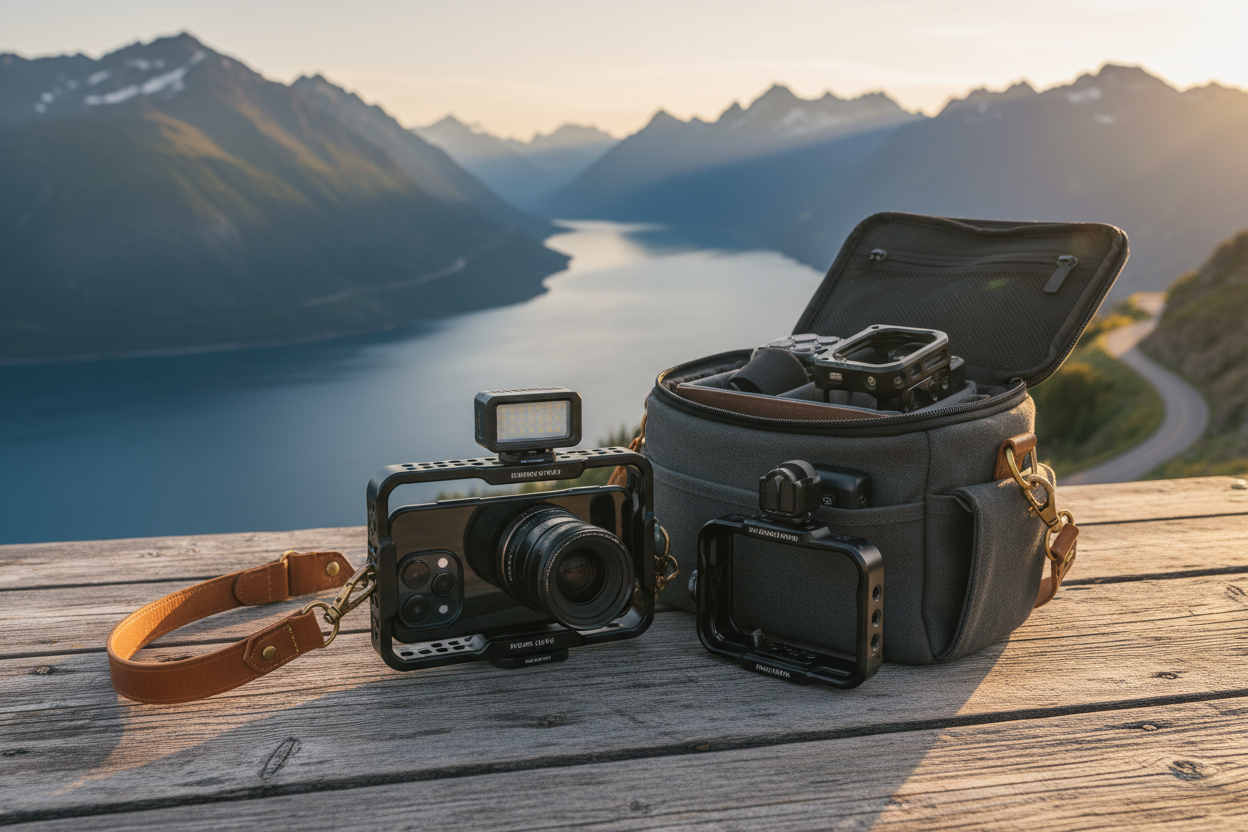 Professional smartphone cages, camera straps, and camera bag creating a perfect travel filmmaking sanctuary, by Trail-Mate.