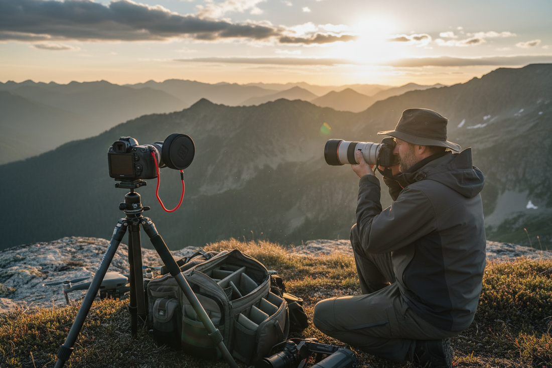 A professional travel photography setup featuring lens cap, camera lens, and cleaning tools, by Trail-Mate.