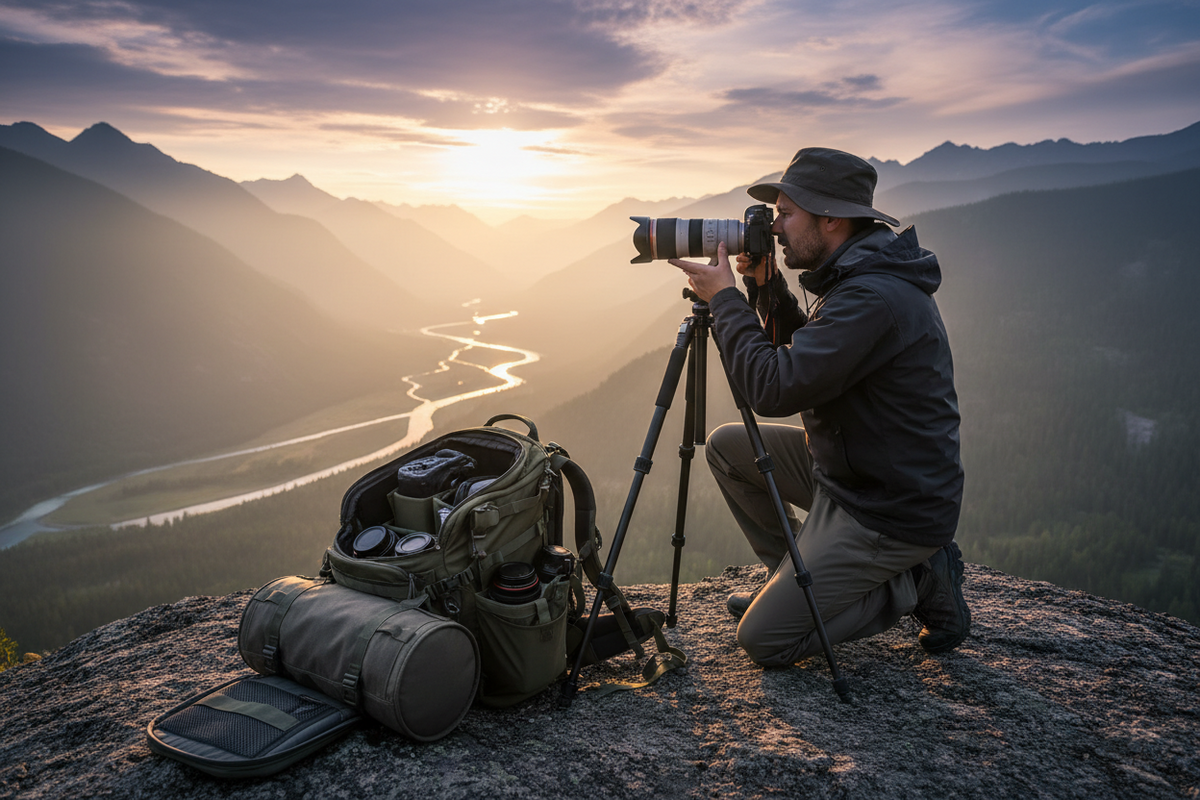 A professional travel photography setup featuring lens pouch, lens cap, and cleaning tools, by Trail-Mate.