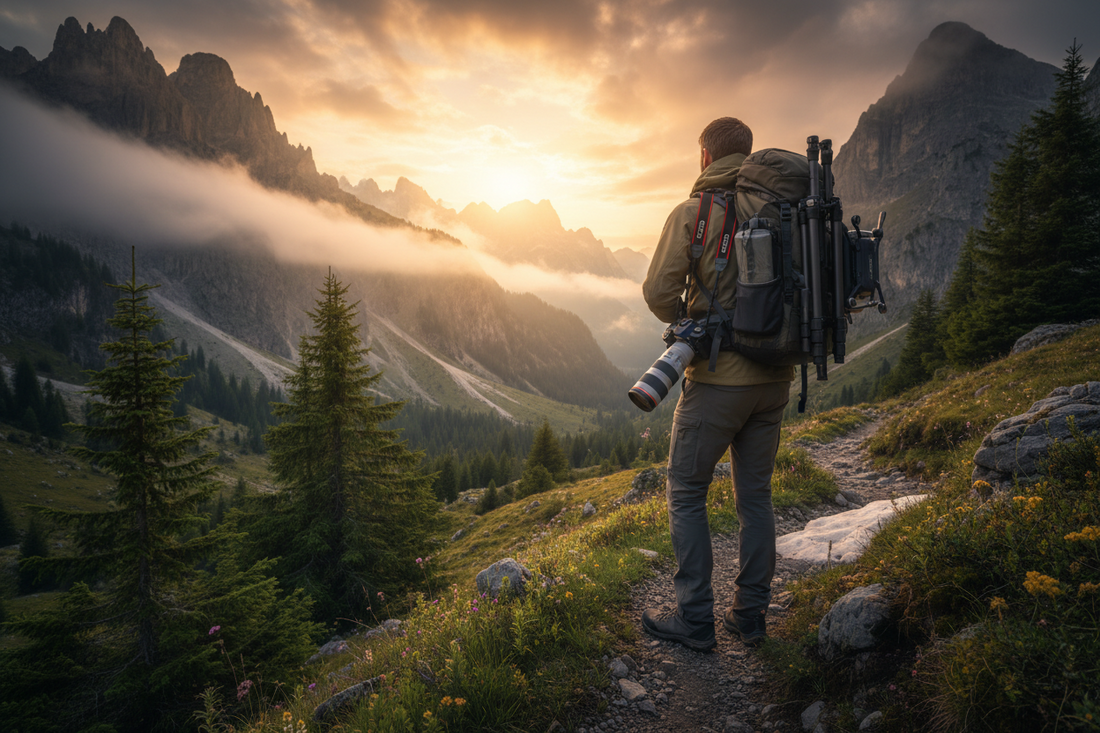 A professional travel photography setup featuring camera straps, camera bag, and camera lens, by Trail-Mate.