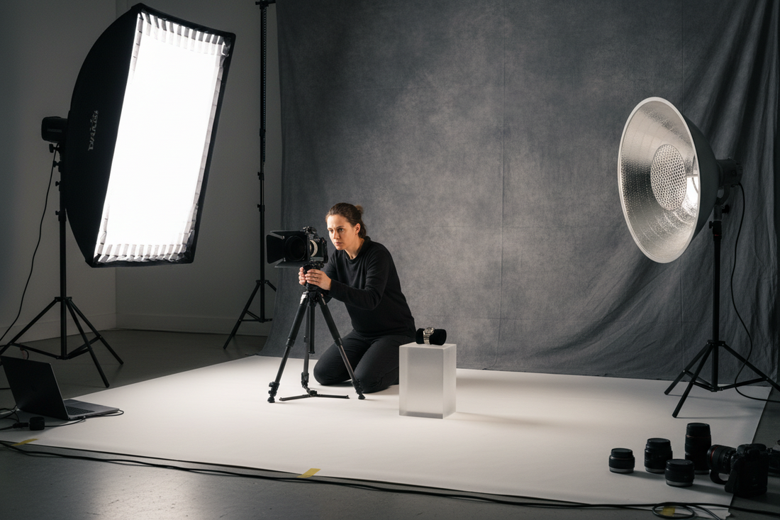 A professional studio photography setup featuring backdrop, camera bag, and camera lens, by Trail-Mate.