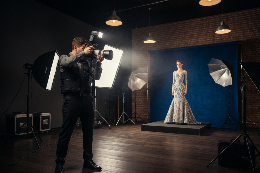 A professional indoor photography setup featuring camera flash, exposure meters, and camera lens, by Trail-Mate.