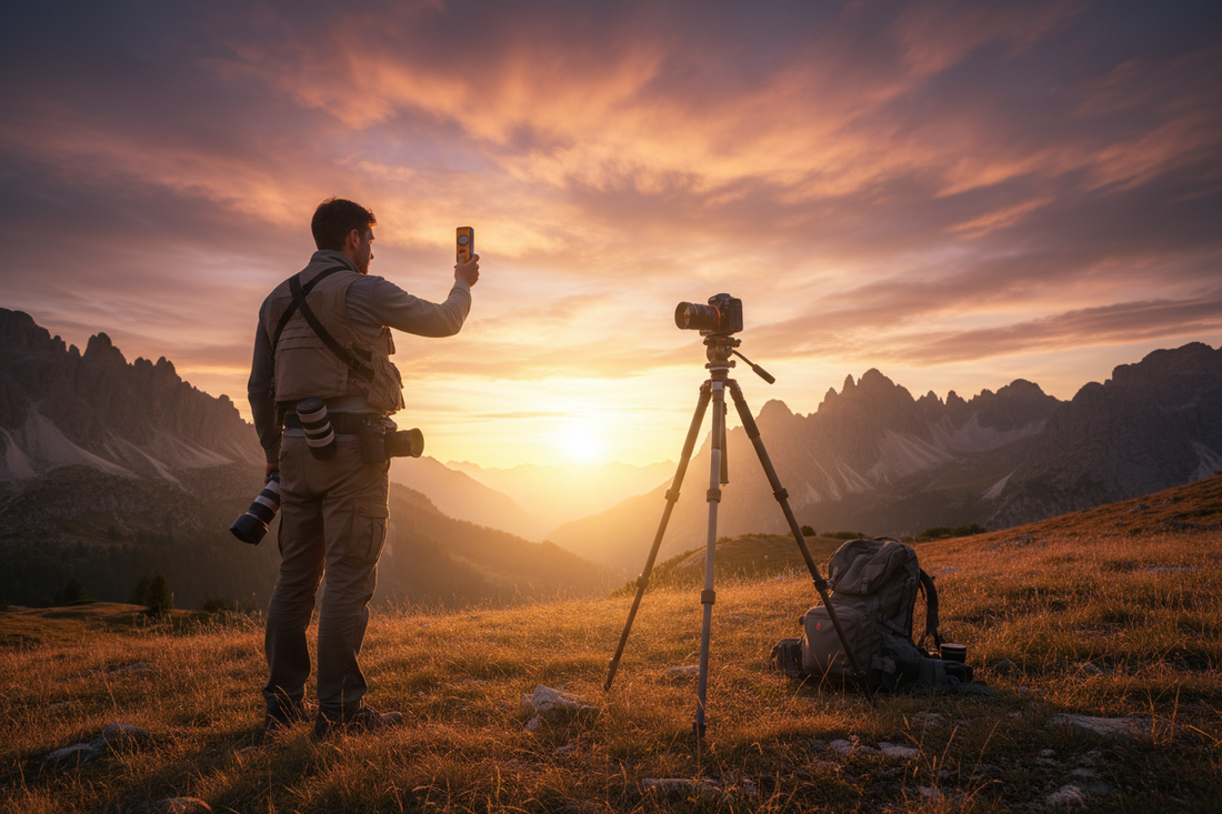 A professional travel photography setup featuring exposure meters, camera straps, and camera lens, by Trail-Mate.