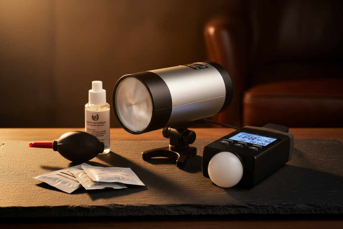 Professional camera flash, exposure meters, and cleaning tools creating a perfect indoor photography sanctuary, by Trail-Mate.