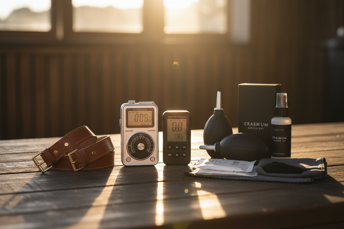 Professional exposure meters, camera straps, and cleaning tools creating a perfect travel photography sanctuary, by Trail-Mate.