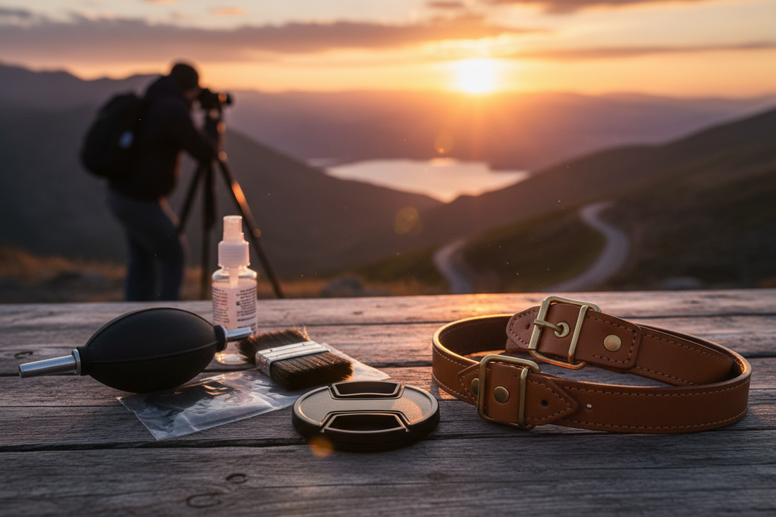 Professional lens cap, camera straps, and cleaning tools creating a perfect travel photography sanctuary, by Trail-Mate.