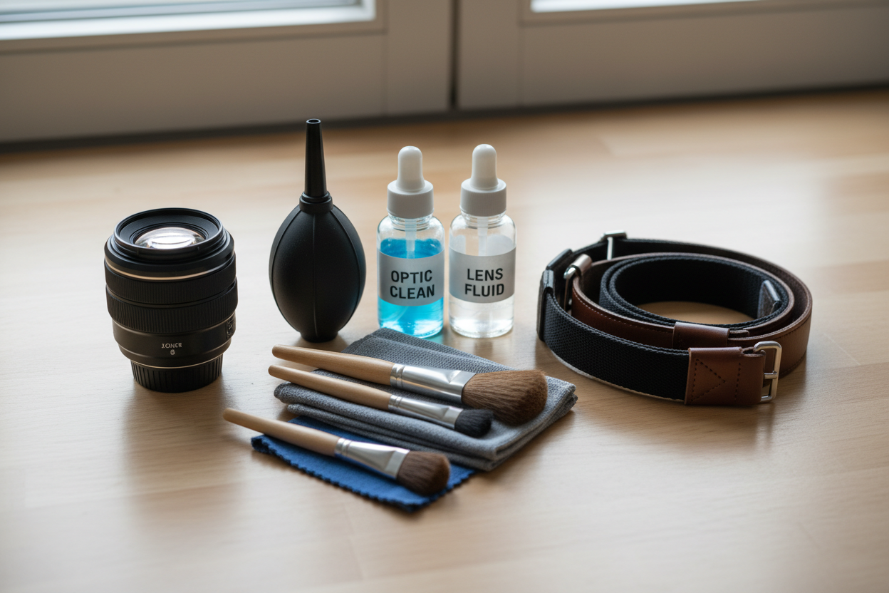 Professional cleaning tools, camera lens, and camera straps creating a perfect travel photography sanctuary, by Trail-Mate.