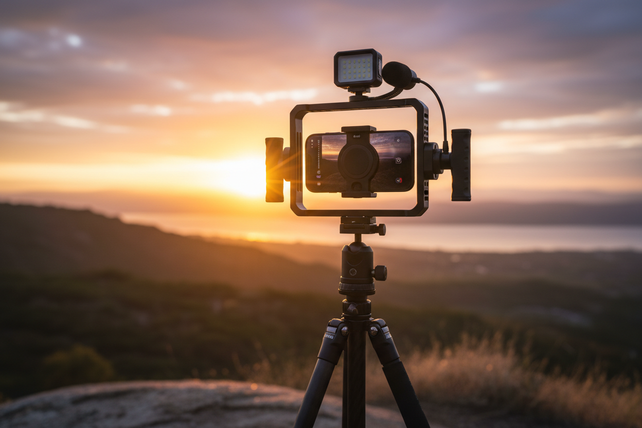 Professional magnetic phone holder and smartphone rigs setup for stable mobile filmmaking, by Trail-Mate.