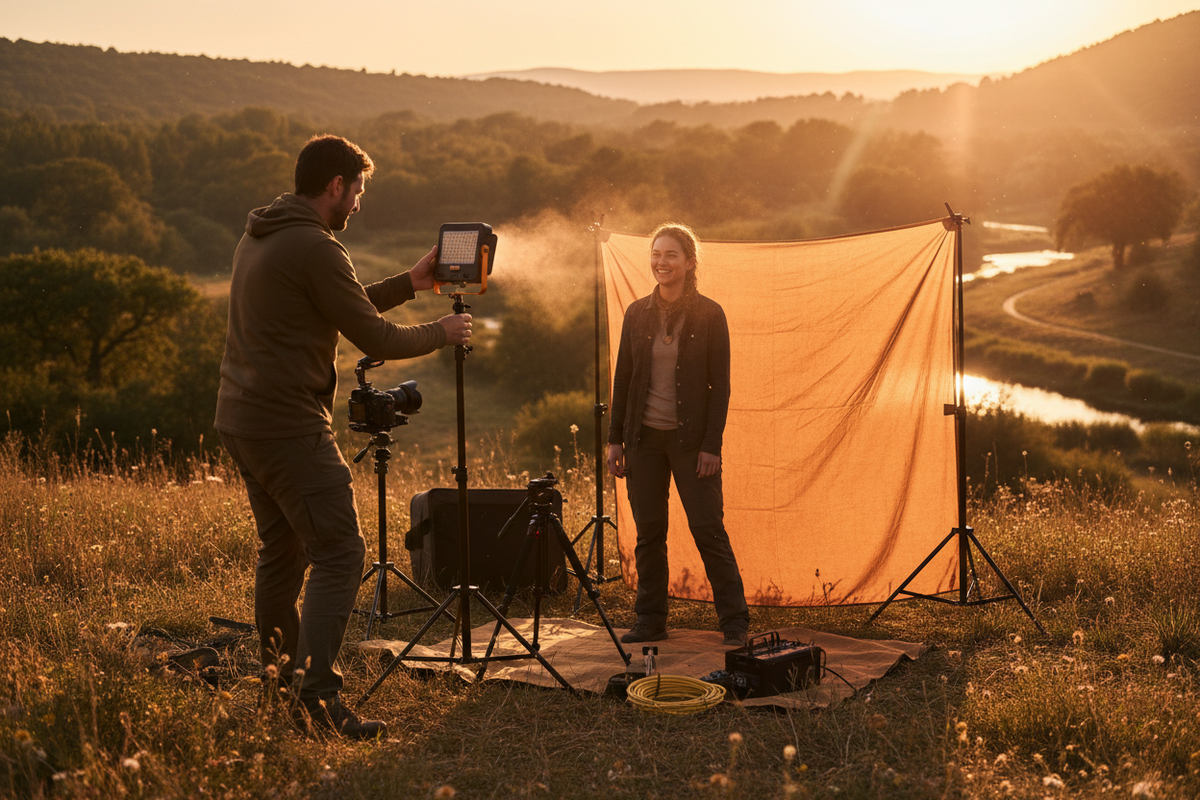A professional travel filmmaking setup featuring lighting & backdrop, smartphone rigs, and audio accessories, by Trail-Mate.
