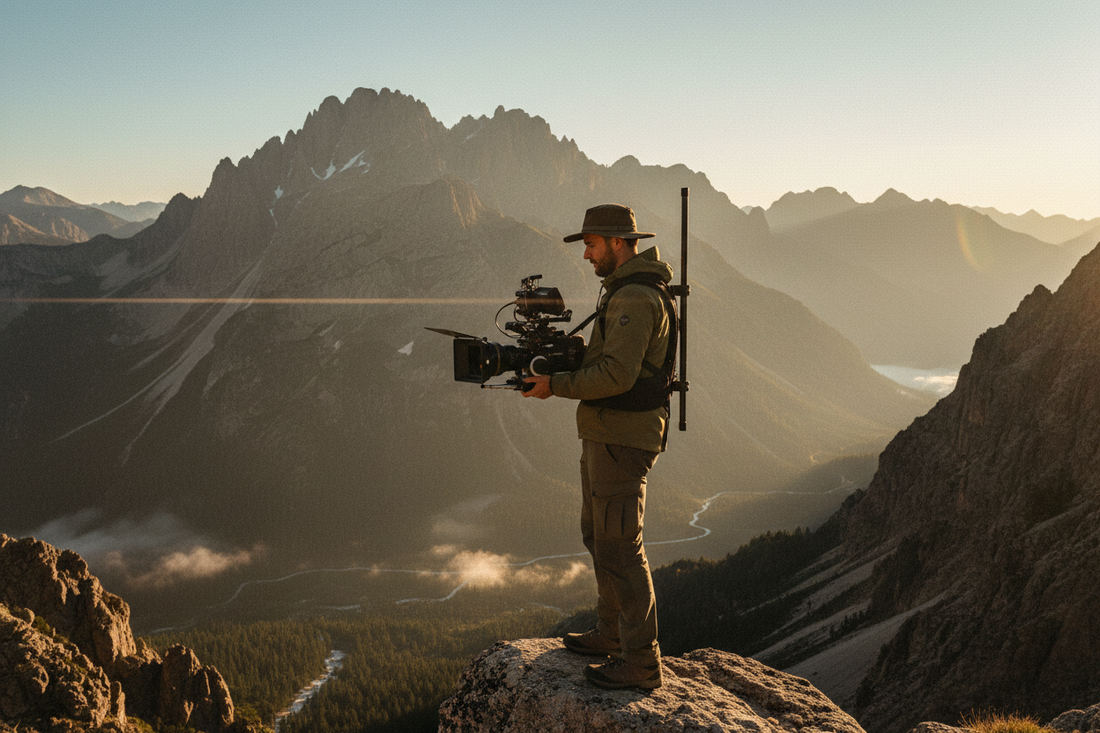 A professional travel filmmaker using camera straps and a camera bag, by Trail-Mate.