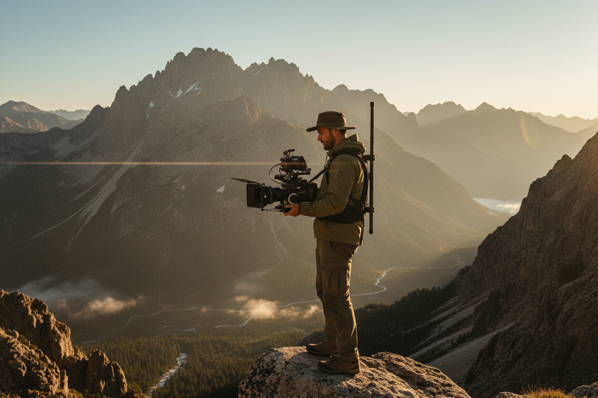 A professional travel filmmaker using camera straps and a camera bag, by Trail-Mate.