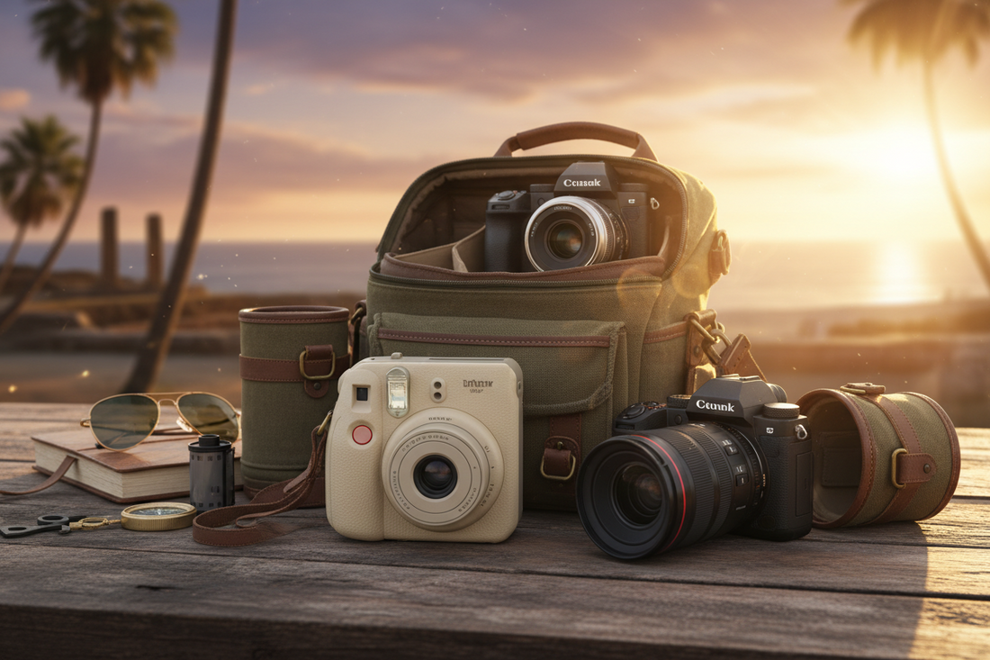 Professional instant camera, camera bag, and camera lens creating a perfect travel photography sanctuary, by Trail-Mate.