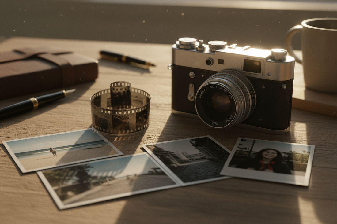 35mm film camera with developed negatives and printed film photos on a wooden desk