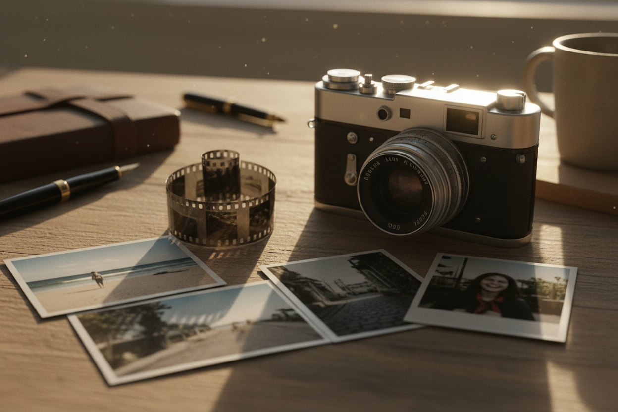 35mm film camera with developed negatives and printed film photos on a wooden desk
