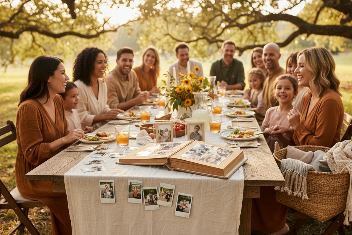 Linen photo album and Instax frames displayed at an outdoor family reunion table in summer