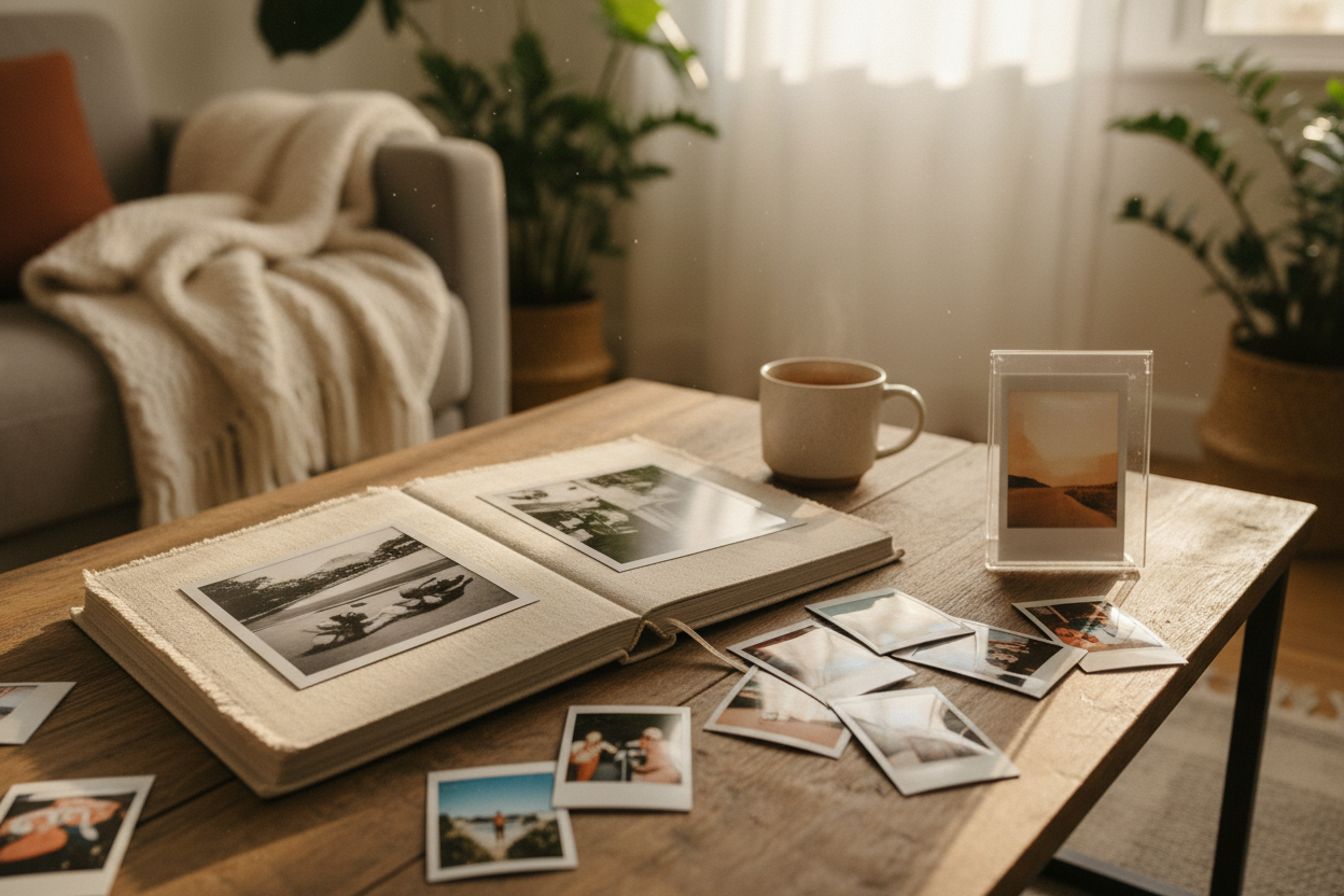 Open photo album with summer vacation Instax prints displayed on a living room coffee table
