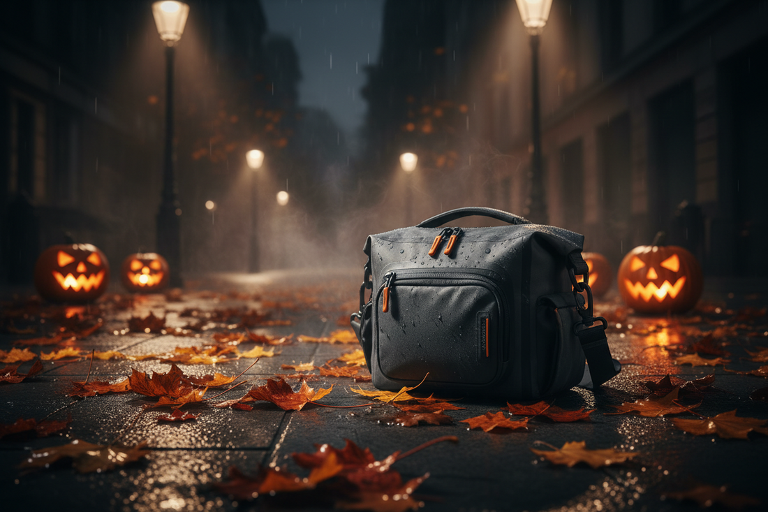 Waterproof camera bag on a wet Halloween night sidewalk with glowing jack-o-lanterns and autumn leaves