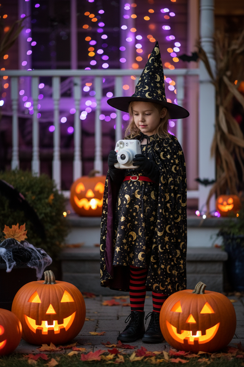 Child in Halloween costume using an instant print camera on a decorated porch at night