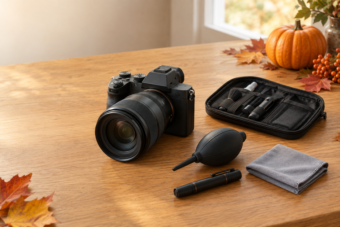 Camera and organized lens-care tools on a wooden desk with subtle Thanksgiving decorations.