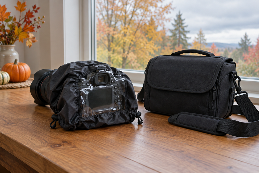Camera fitted with a rain sleeve beside a shoulder bag on a dry table, ready for an autumn Thanksgiving walk.