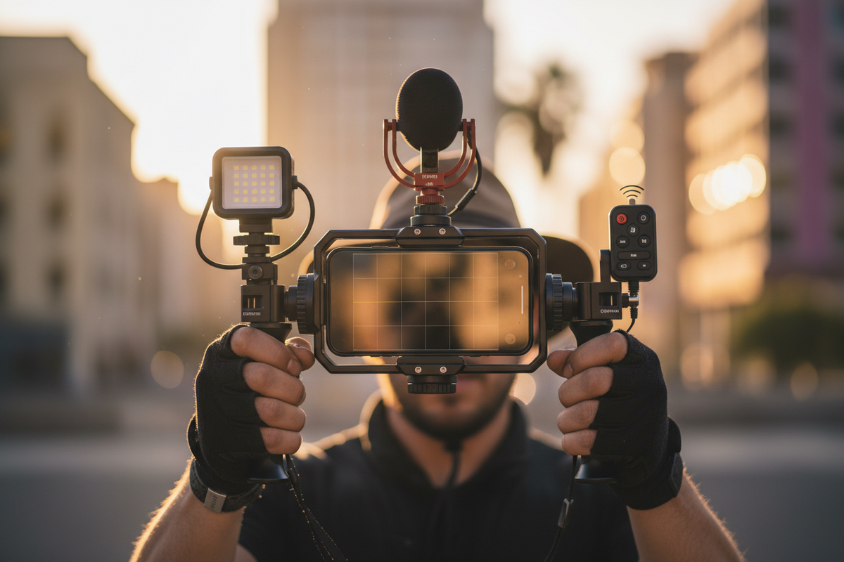Professional vlogger using a smartphone rig for stable travel filmmaking, by Trail-Mate.