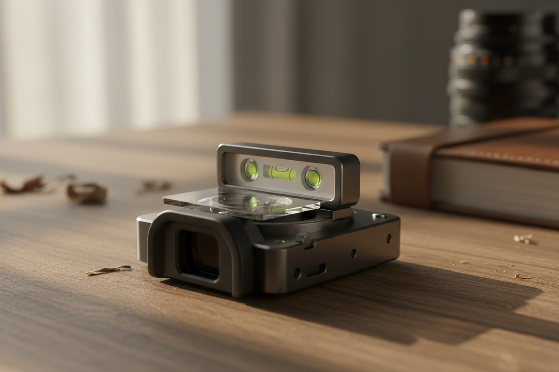 Camera hot shoe with spirit level and protective cover mounted on top for customization and control