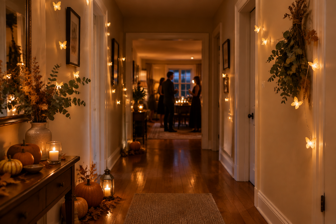 A Halloween party hallway with butterfly-shaped accent lights guiding guests from the entrance.