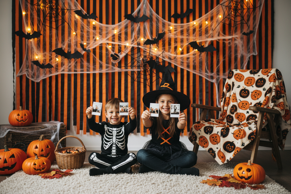 Kids in Halloween costumes at a home photo booth holding instant print photos, with a spooky orange and black backdrop