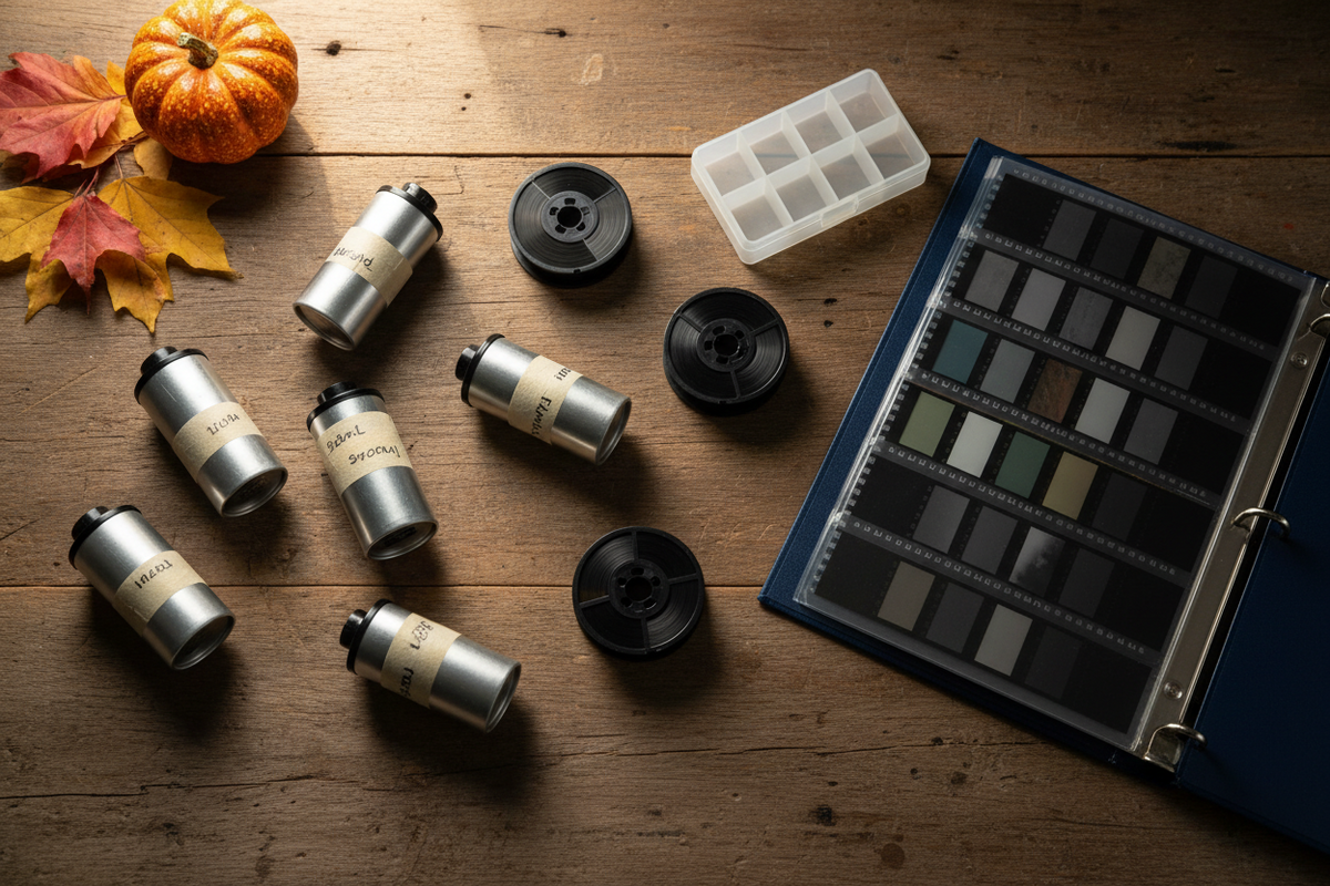 Labeled Halloween film canisters arranged next to an open acid-free negative binder and hard plastic storage box on a wooden desk