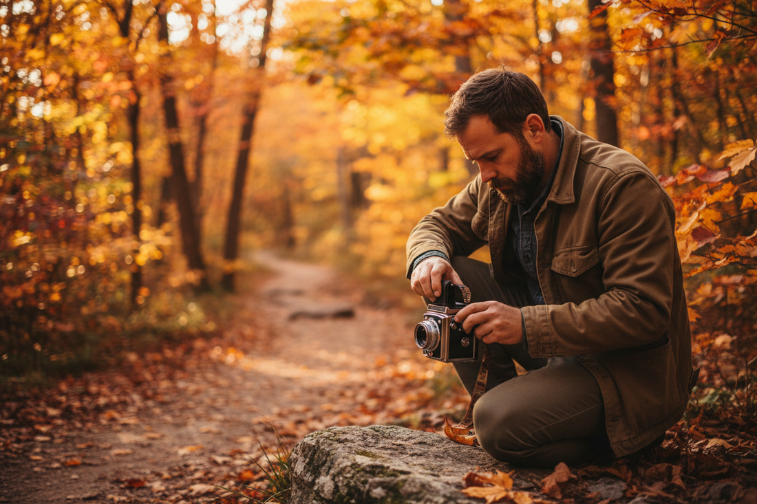 Film photographer loading a roll of 120 film on a fall hiking trail surrounded by red and orange foliage in golden hour light