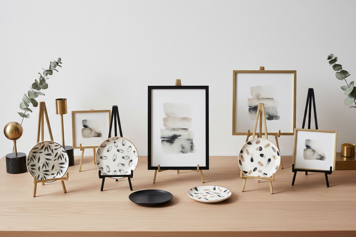 Gold and black metal photo display stands holding framed prints and decorative plates on a wooden surface