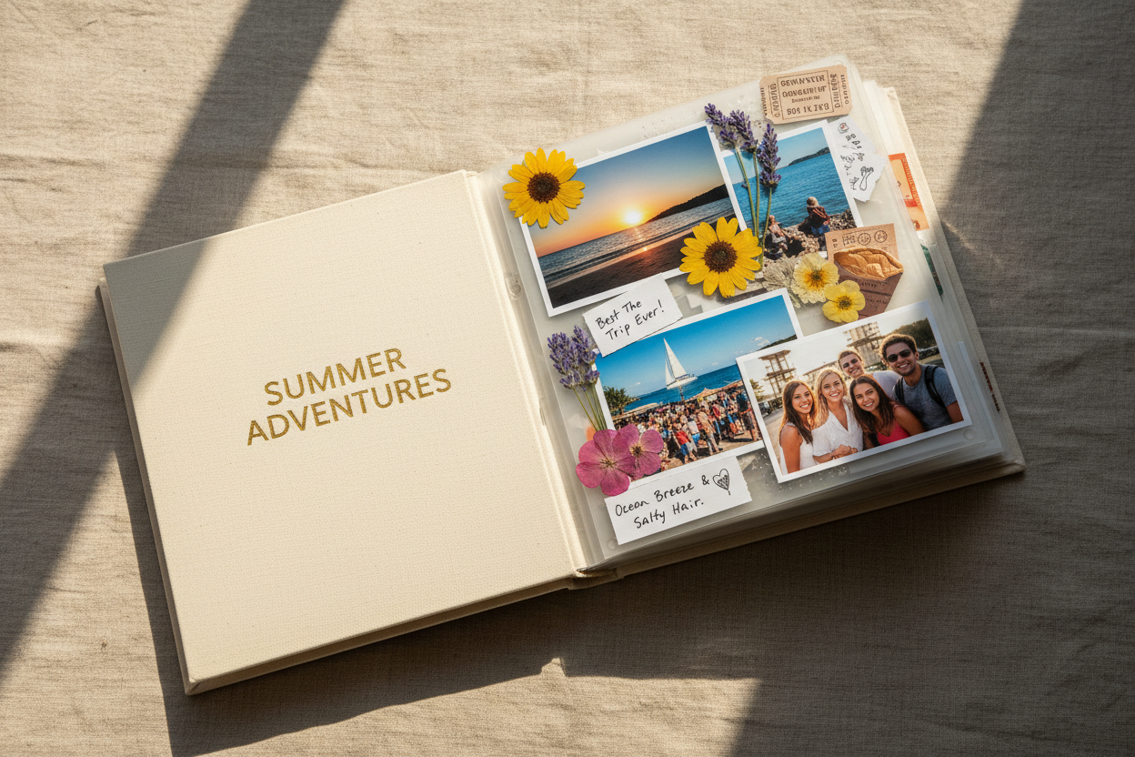 Open scrapbook photo album with summer vacation photos, pressed flowers, and handwritten notes on a linen background