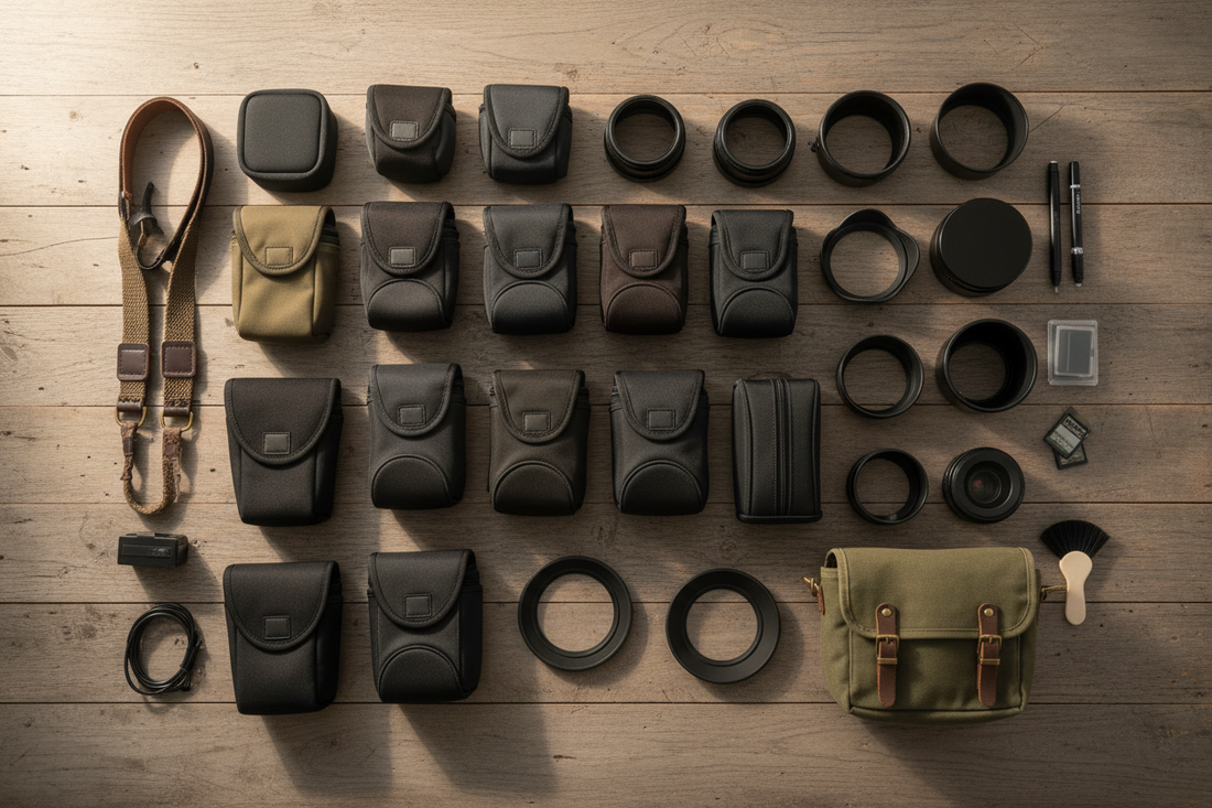 Camera lens pouches and lens hoods arranged neatly on a wooden surface with photography accessories, warm natural light