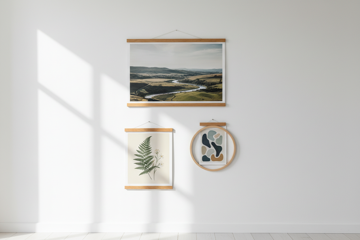Three magnetic wood poster hangers displaying art prints on a white apartment wall in a minimal Scandinavian interior