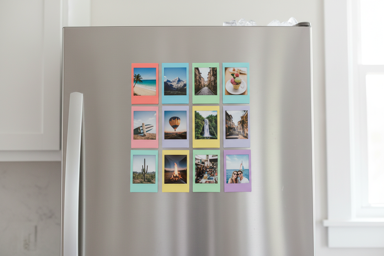 Colorful magnetic Instax Mini photo frames displayed on a refrigerator door as a home gallery wall