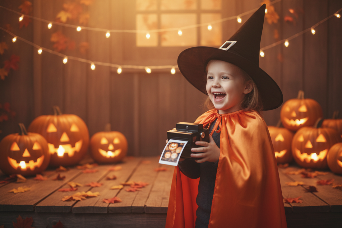 Child in Halloween costume using a kids instant print camera on a decorated porch with glowing pumpkins