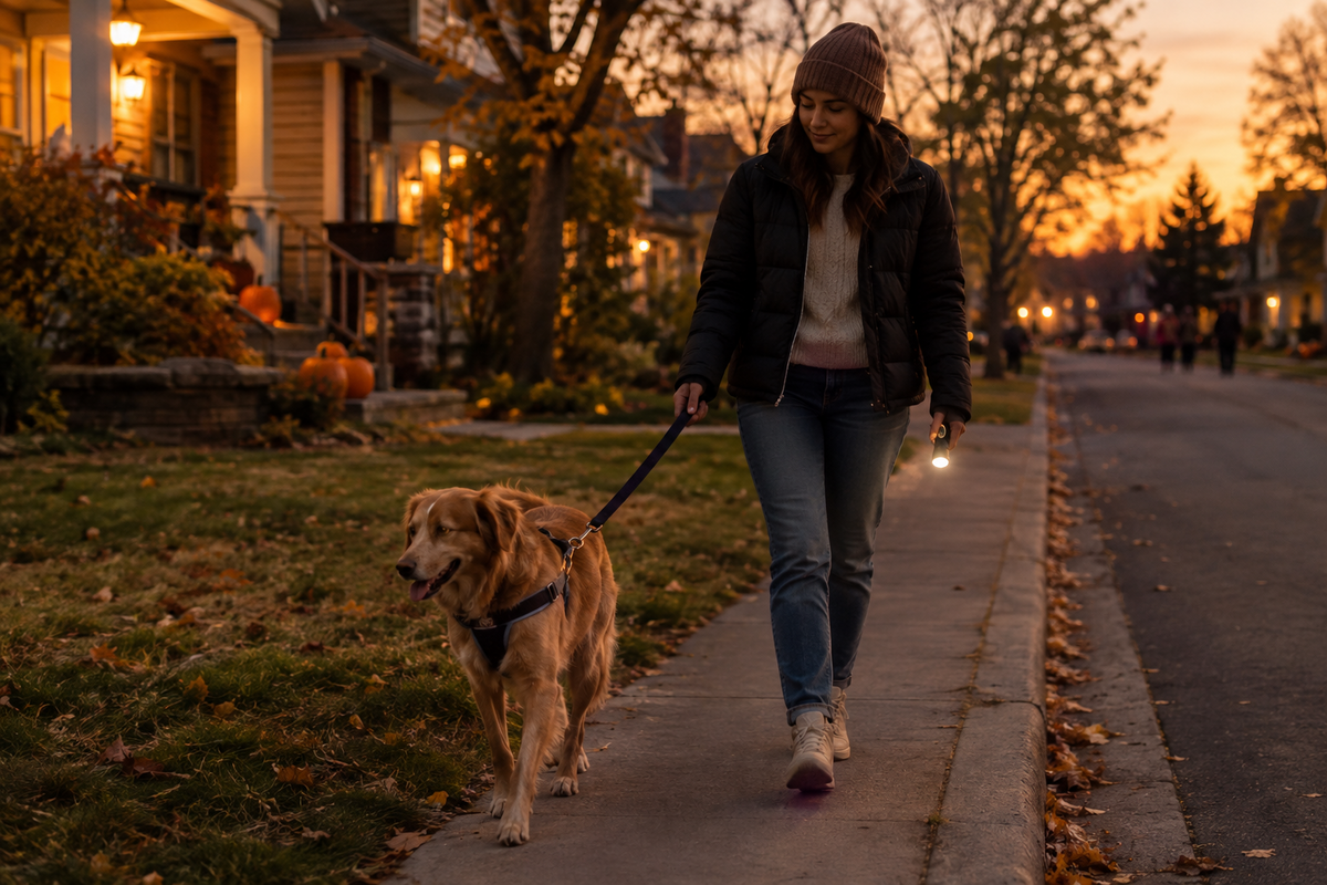 Person walking a dog on a quiet Halloween evening with a compact handheld light