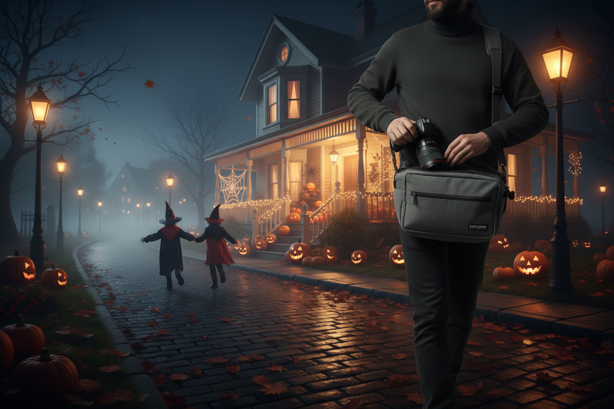 Parent drawing camera from a sling bag on a dark Halloween street while two kids in costumes run ahead toward a lit porch