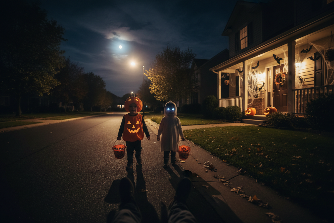 Parent with chest-mounted action camera filming two kids in Halloween costumes approaching a decorated porch at night