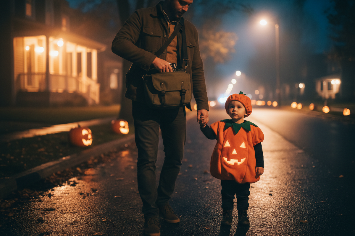 Parent reaching into a waterproof single-shoulder camera bag while walking with kids trick-or-treating on Halloween night